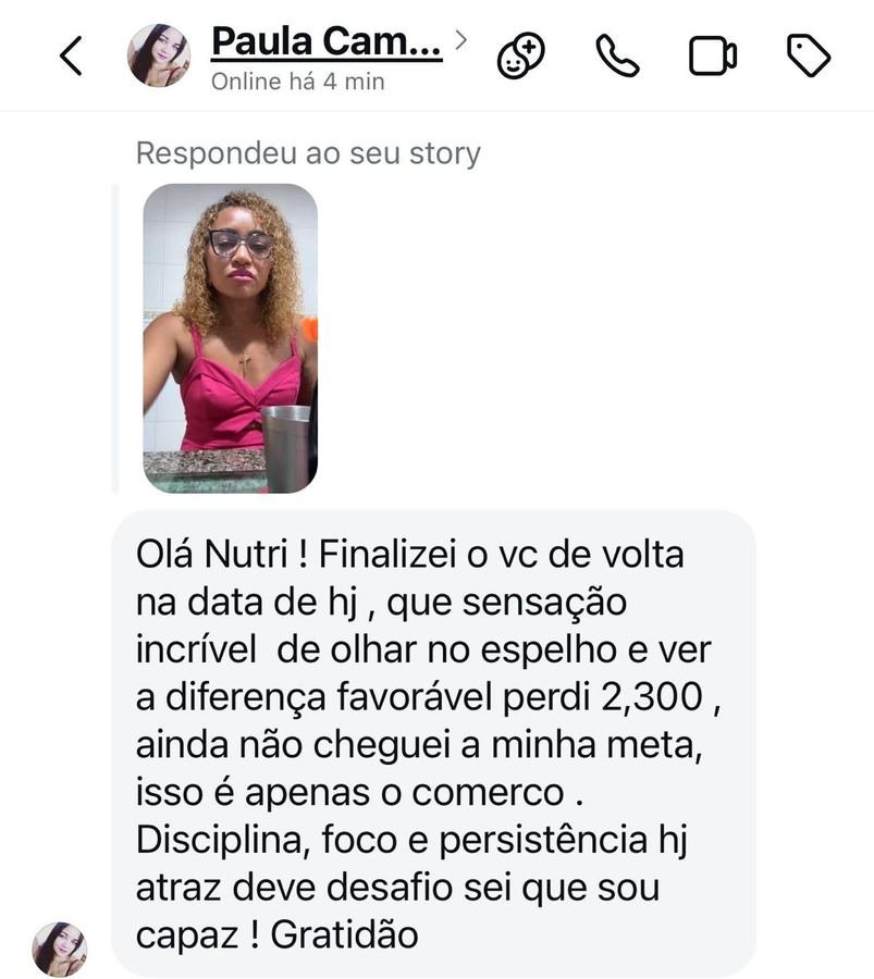 Print de conversa de Paula relatando 2,3 kg a menos ao finalizar o protocolo