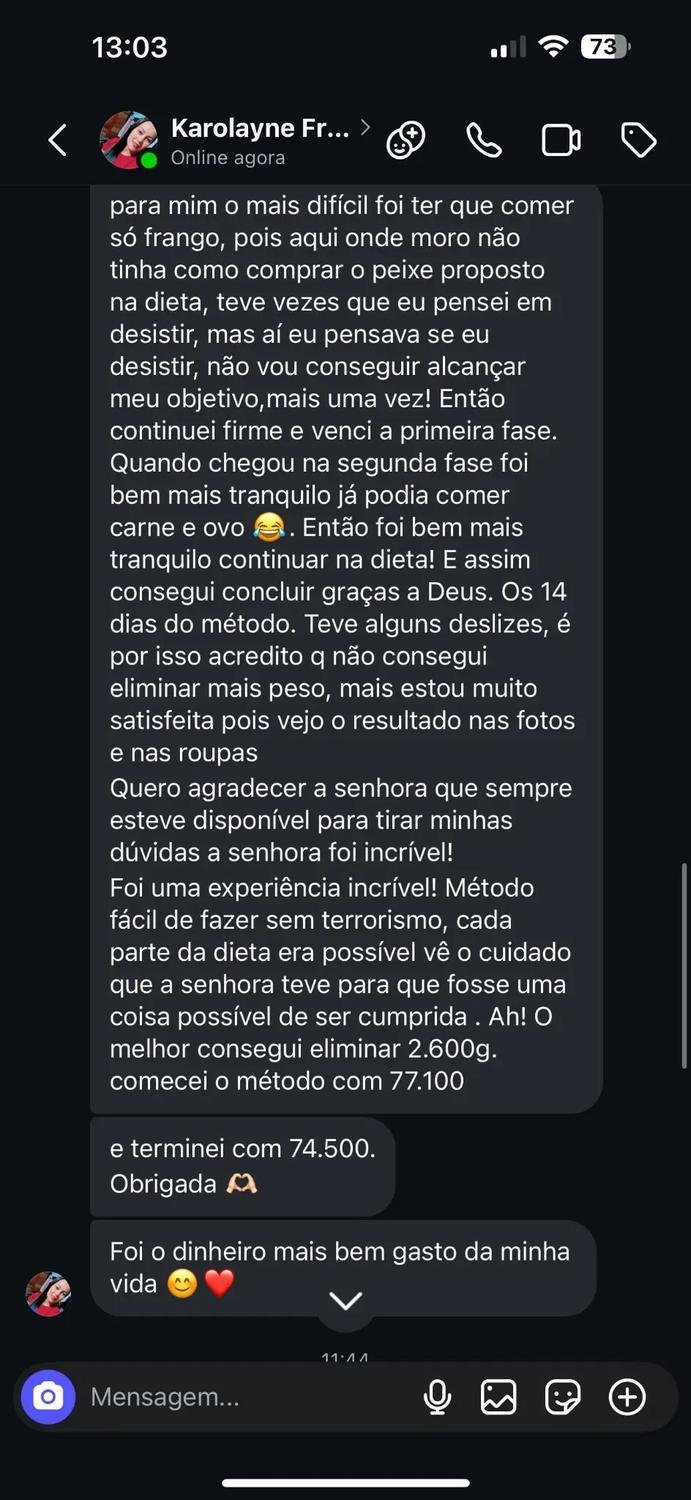 Print de conversa de Karolayne relatando 2,6 kg a menos